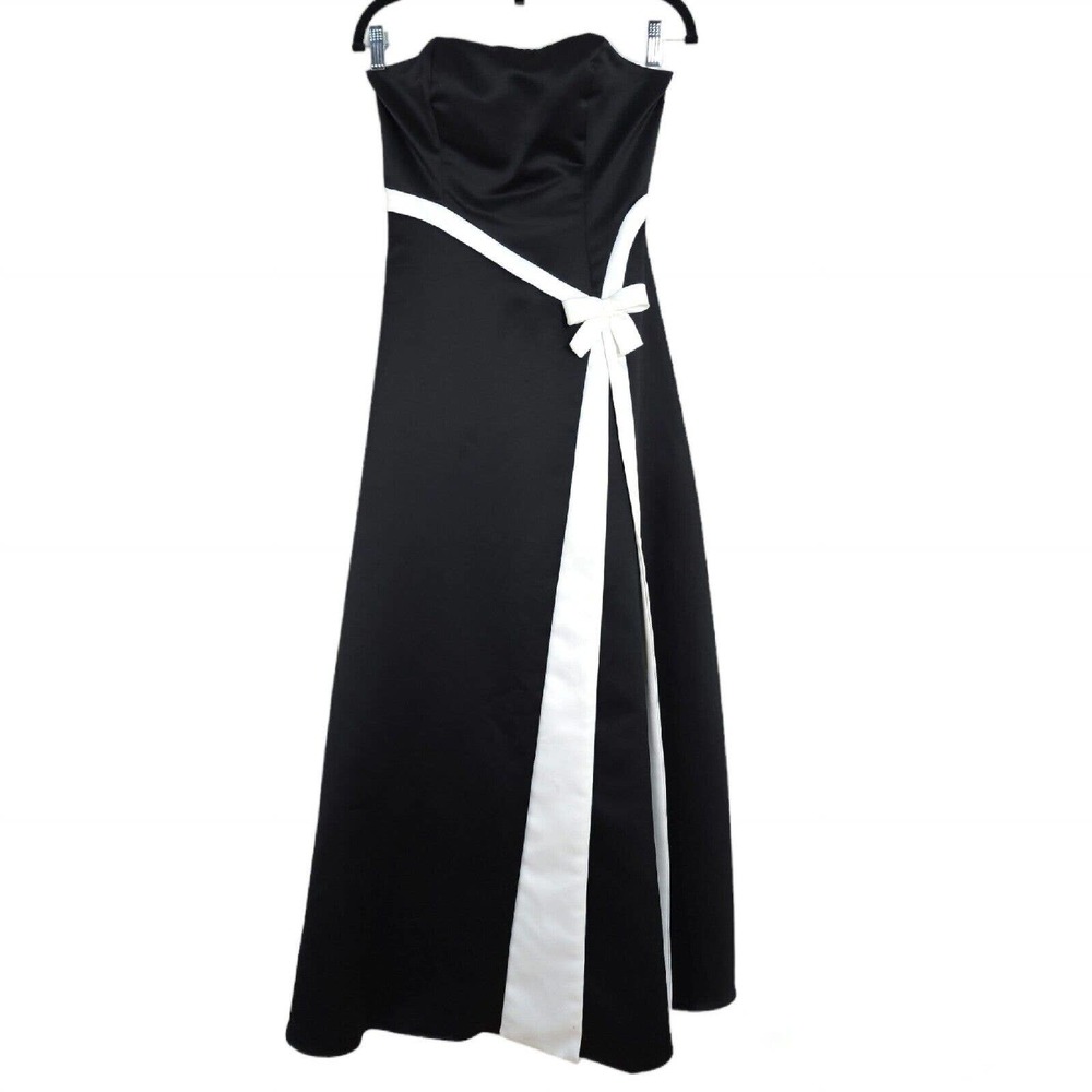 Jessica Mcclintock Gunne Sax Dress Black Satin White Bow Tea Evening Gown Vtg 4